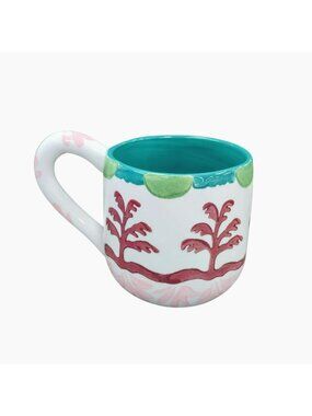 Anthropologie Agata Hand-Painted Teal Pink Palm Tree Stoneware Coffee Mug